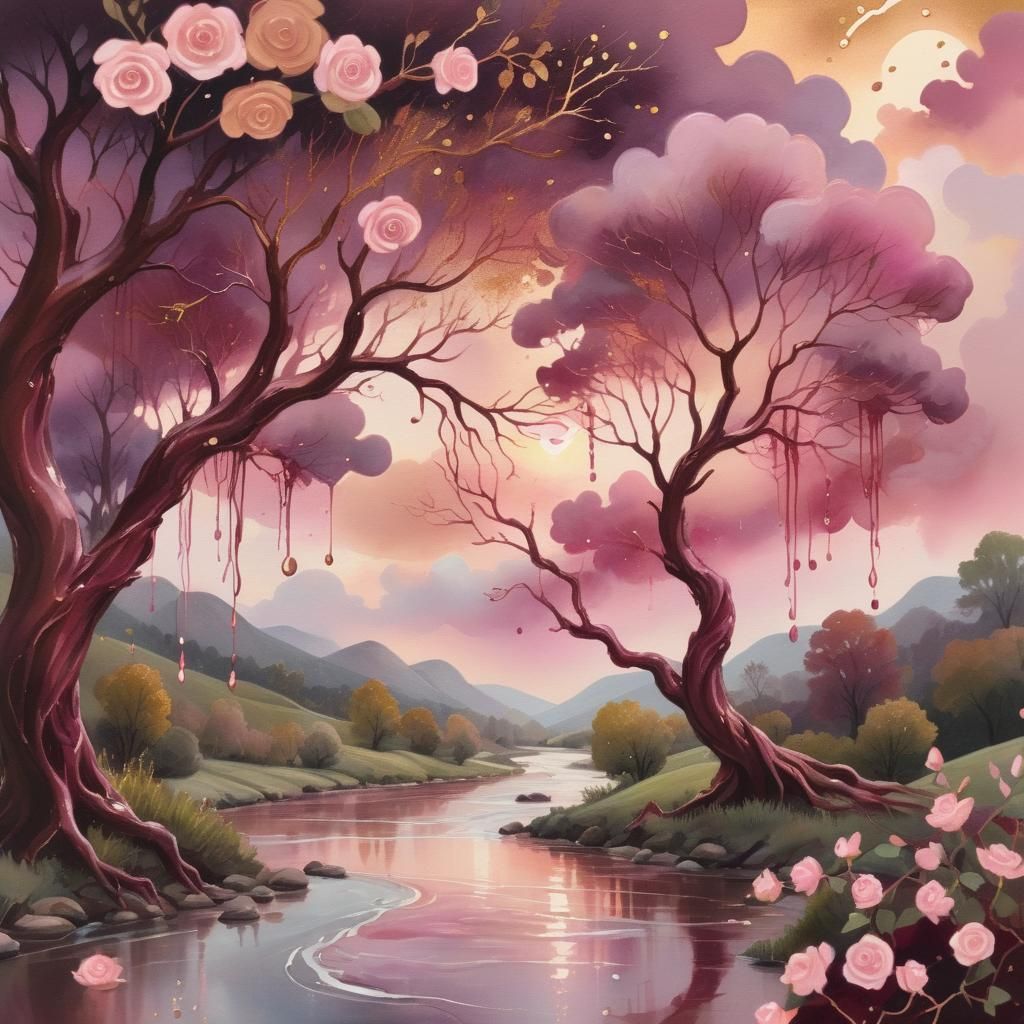 Rose Gold Landscape in Gouache Painting Style