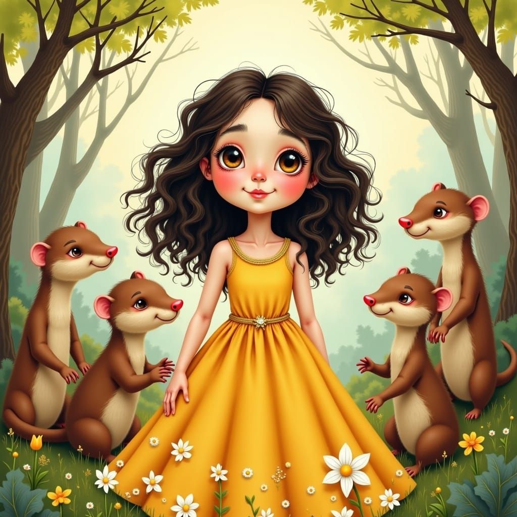 Girl Surrounded by Otters in Whimsical Fairytale Forest