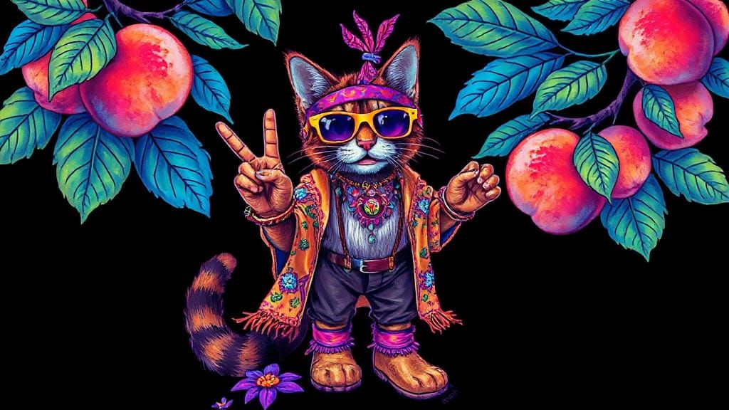 Psychedelic Hippy Cat Gives Peace Sign in Peach Tree