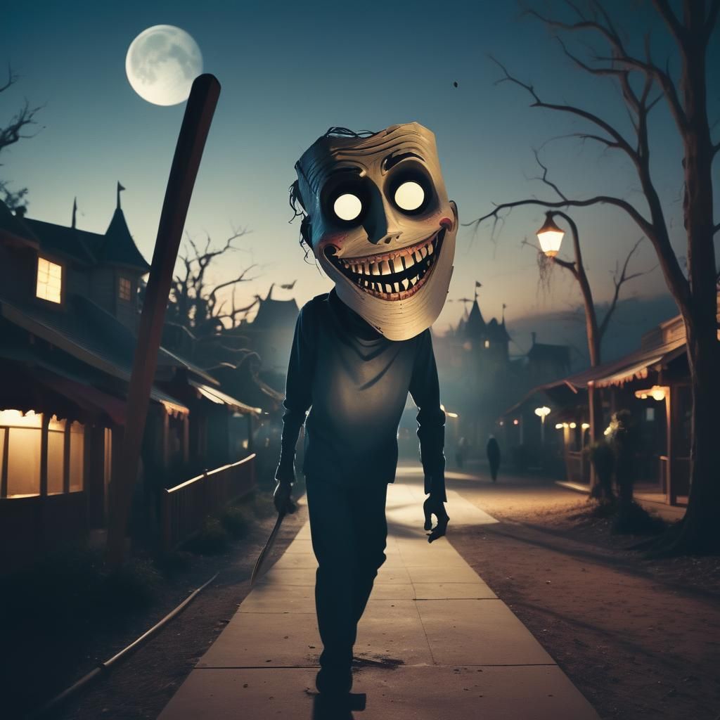 Eerie Surrealist Theme Park at Night in Film Noir Style