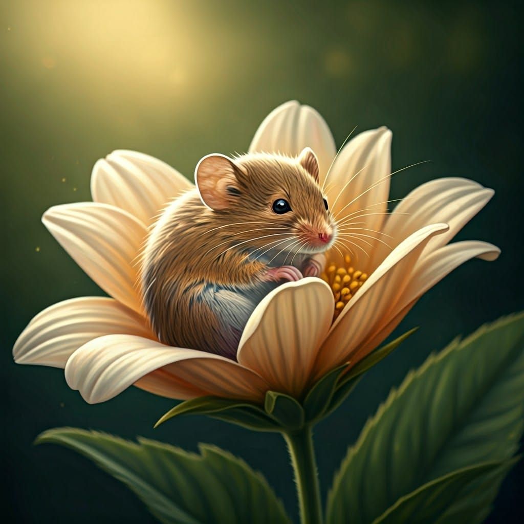 Whimsical Mouse in Floral Bloom, Soft Watercolor