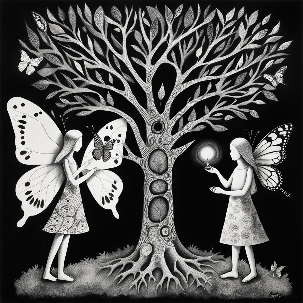 Child's Surreal Crayon Drawing: Adam & Eve Rayograph