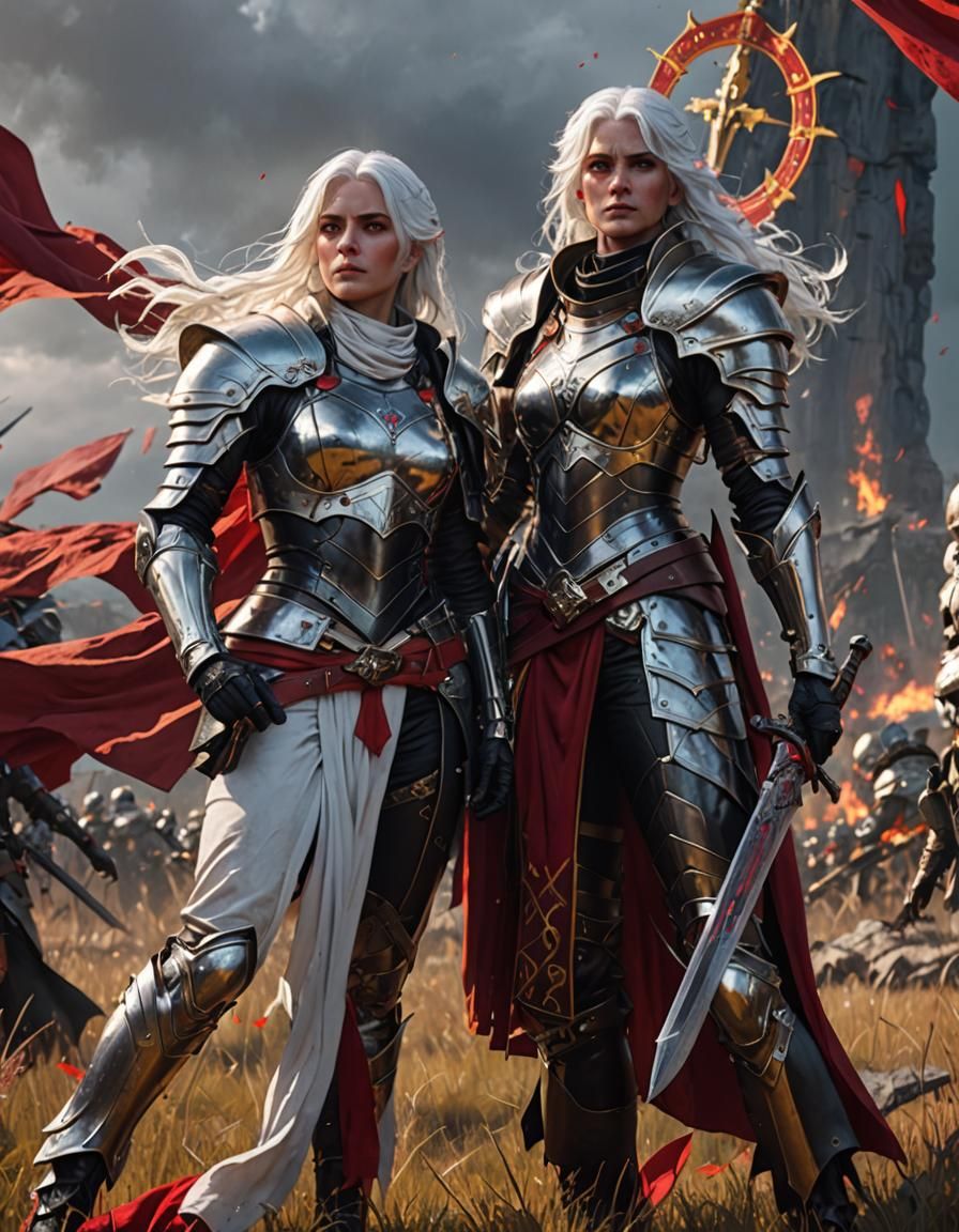 Armored Sisters on Battlefield: Dark Fantasy Art