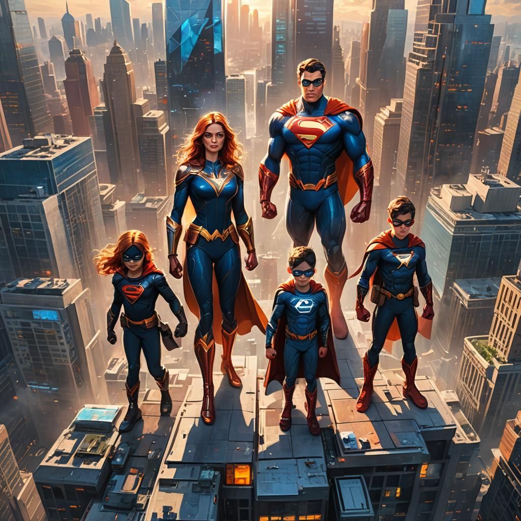 Superhero Family in Cityscape, Digital Comic Art