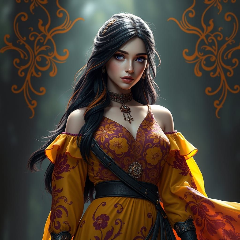 Fearless Huntress in Flowing Dress: Dark Fantasy Art