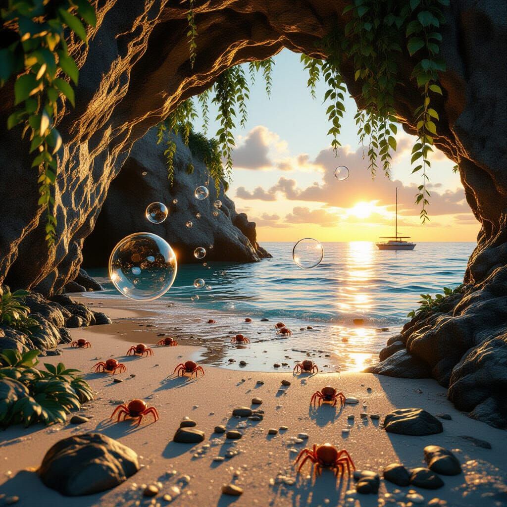 Seaside Cave Enclosed by Bubbles at Sunset