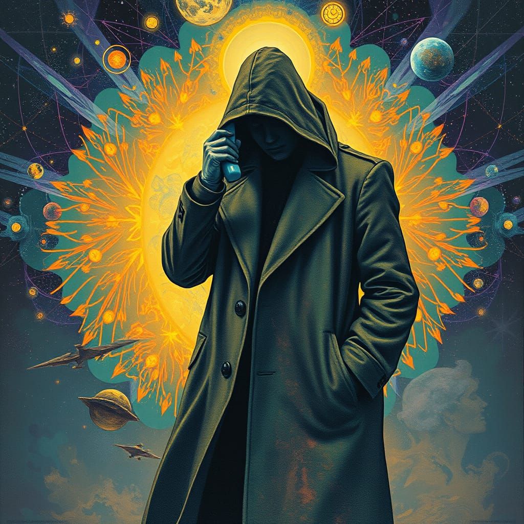 Mysterious Figure Answers Phone Amid Cosmic Psychedelic Patt...