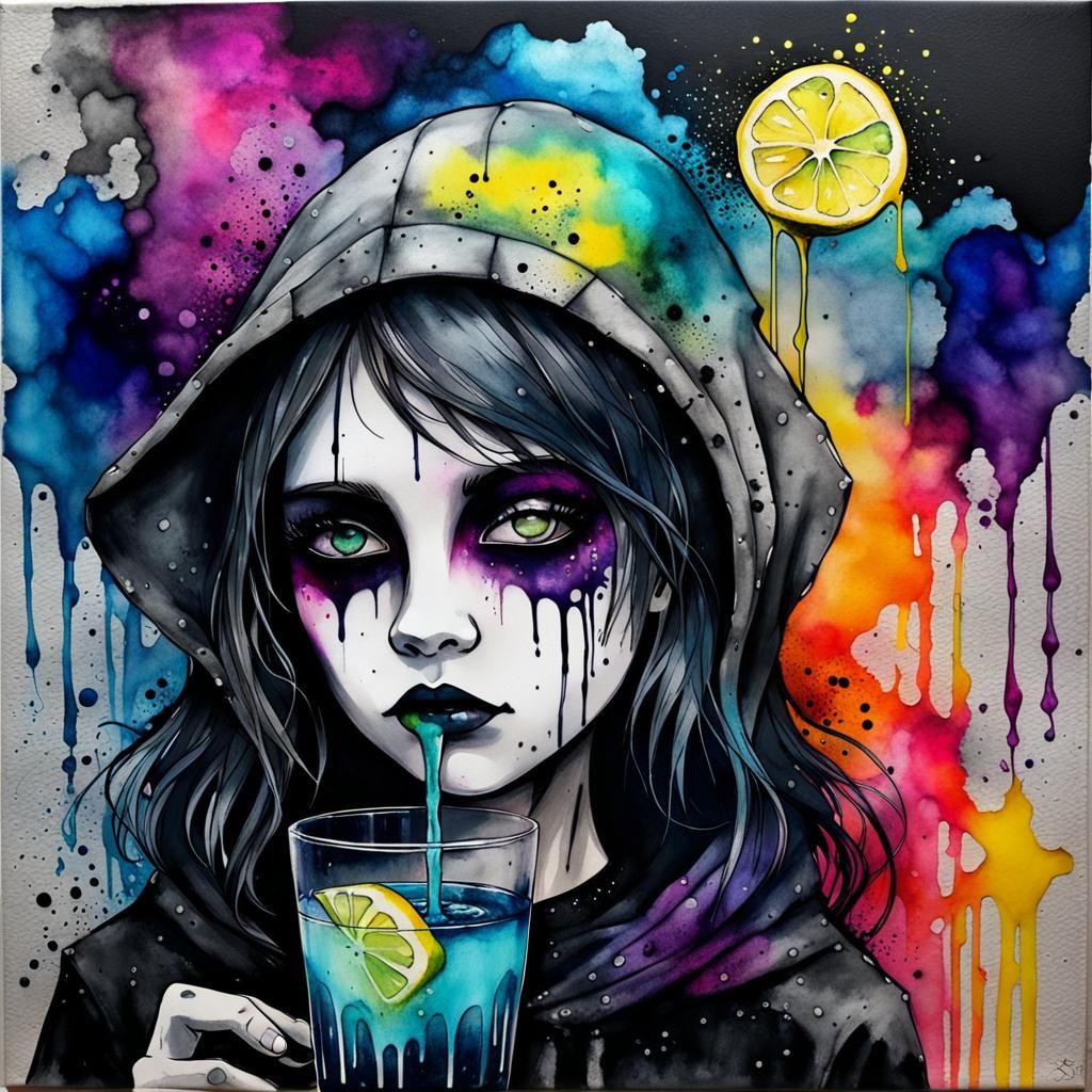 Emo Lemonade: Goth Soul in Black Glass, Alcohol Ink Art