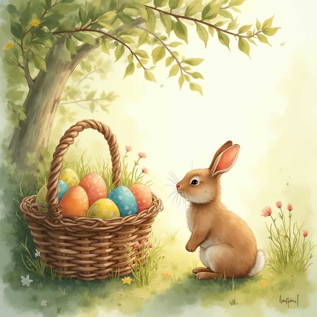 Rustic Easter Scene with Gentle Bunny and Spring Foliage
