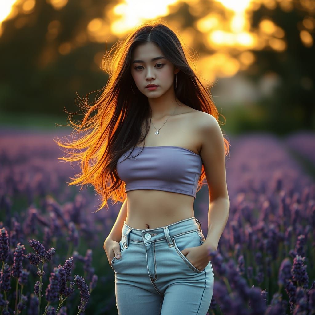 Serene Japanese Woman in Lavender Field at Sunset