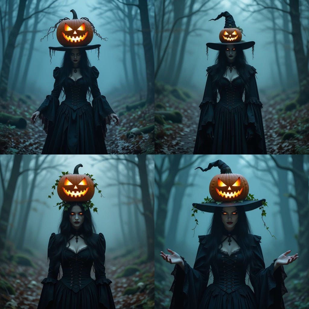 Witch with Gourd Hat in Misty Forest