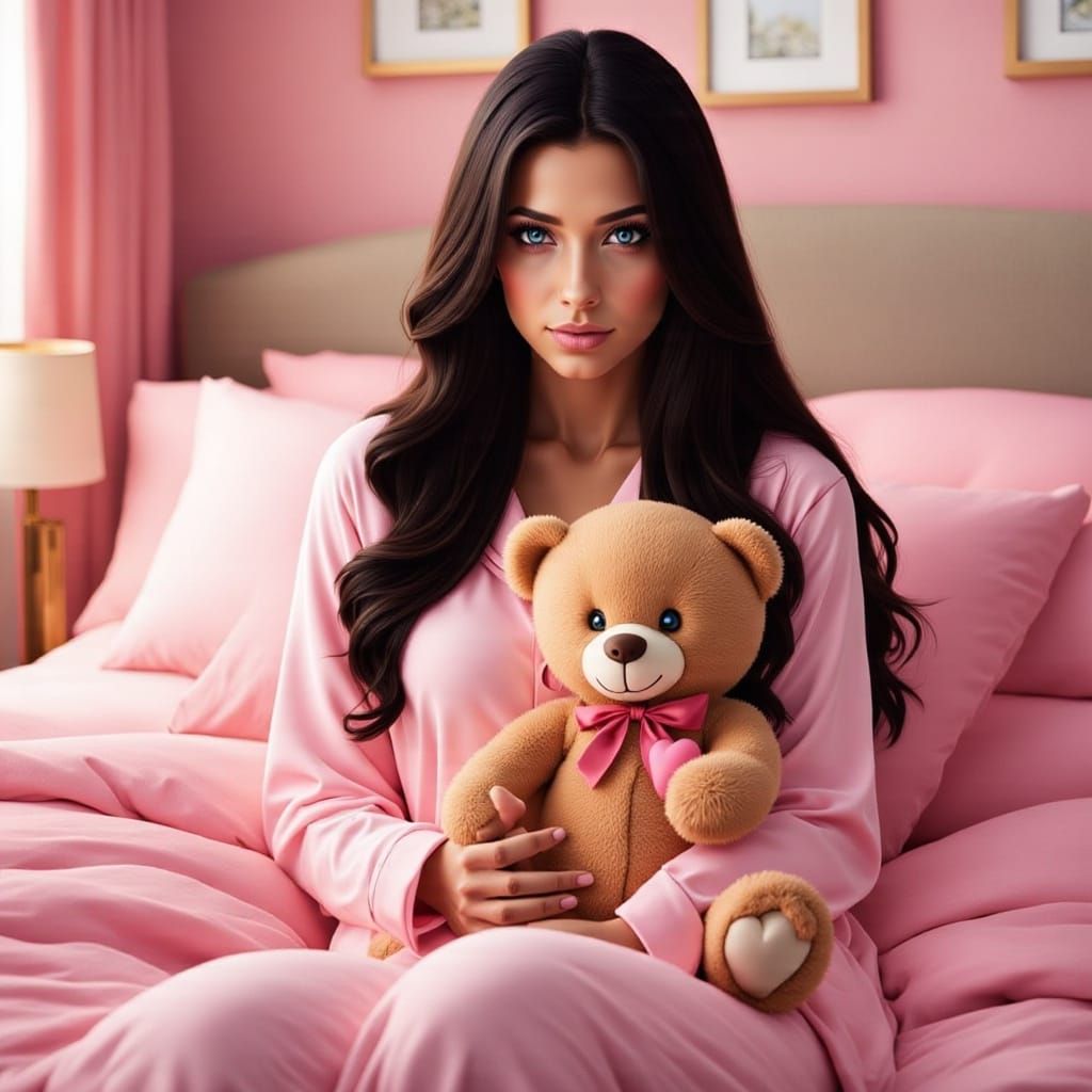 Realistic Woman With Dark Hair Holds Teddy Bear In Cozy Room