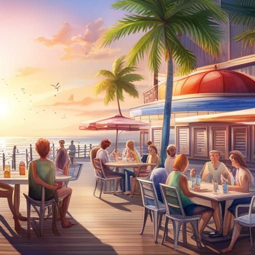 Colorful Beach Boardwalk Watercolor Painting