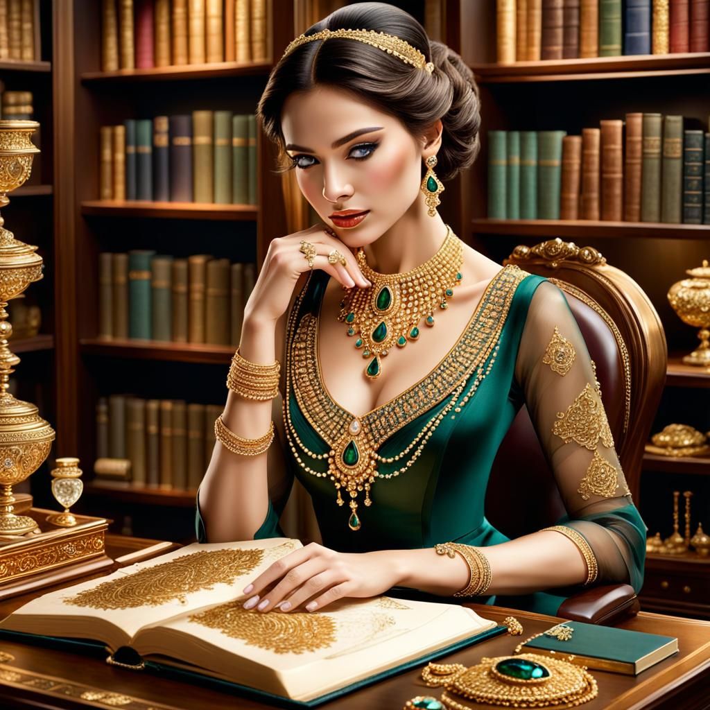 A stunning young woman reading in a captivating jewelry book