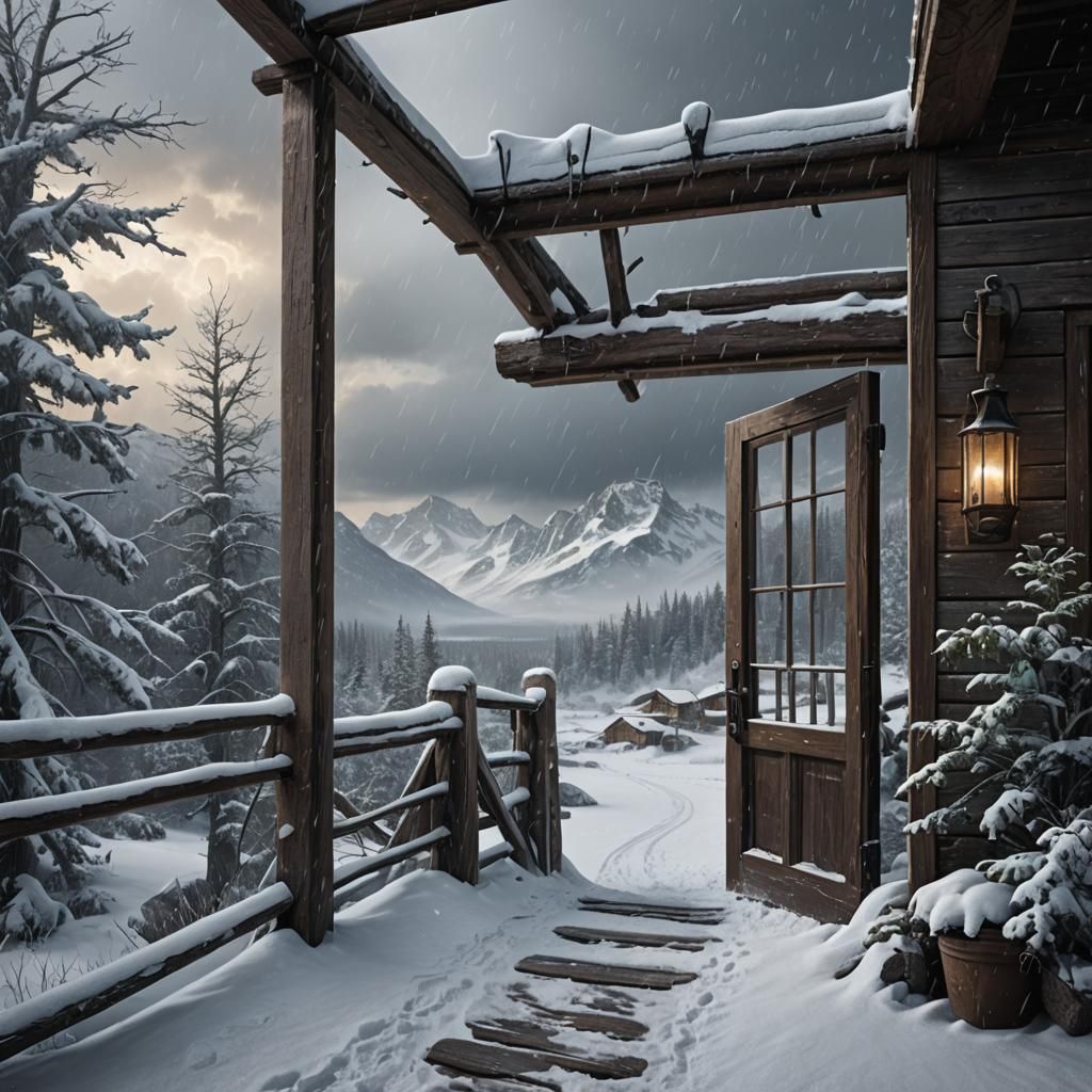 Winter Storm Through Lodge Doorway: Matte Painting