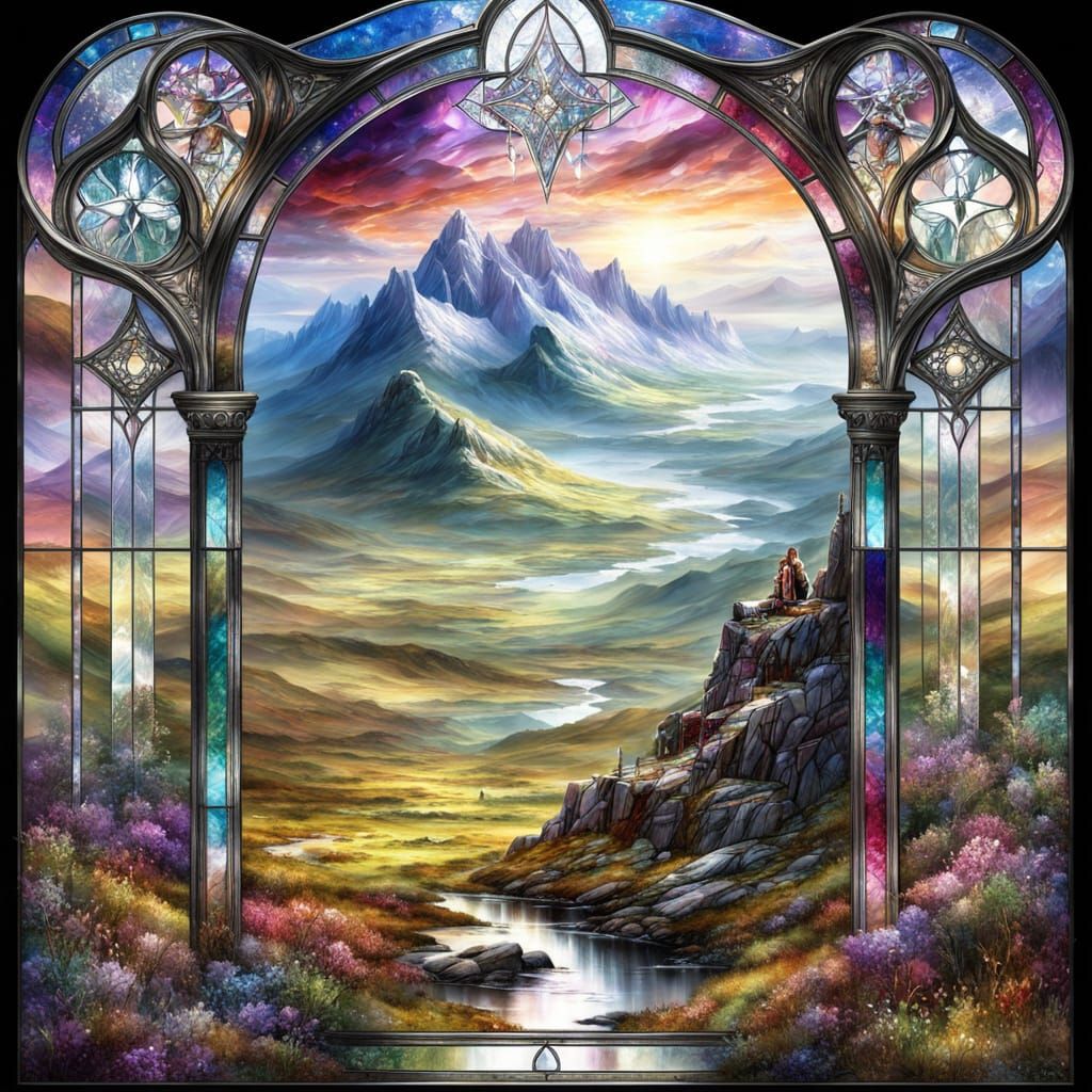 Breathtaking Scottish Moor Landscape in Stained Glass Style