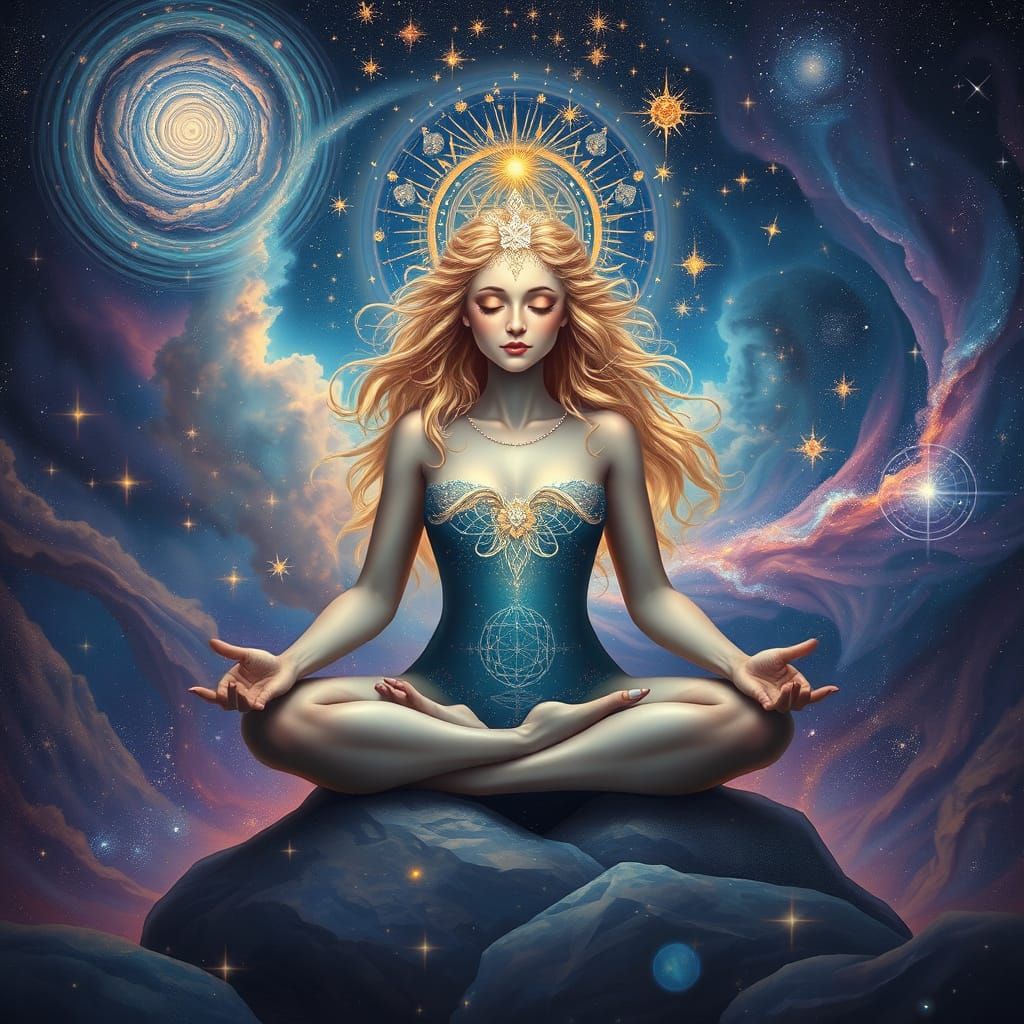 Celestial Goddess Meditating in Cosmic Nebula