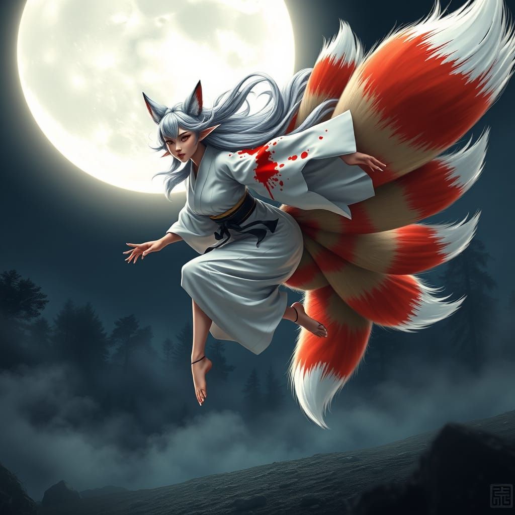 A highly realistic, photorealistic humanoid nine-tailed fox with a sharp-featured, beautiful female face, leaping fierce...