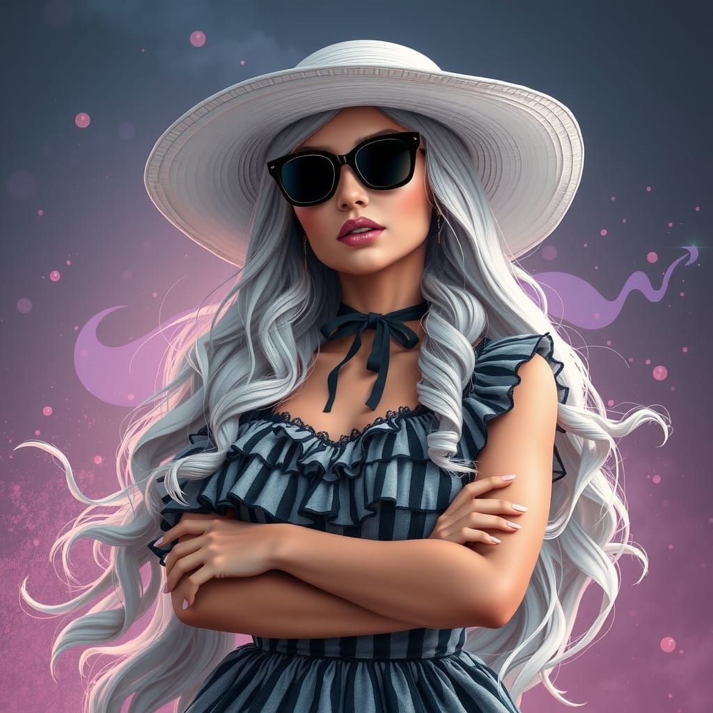 Elegant Woman in Striped Dress: Detailed Matte Painting