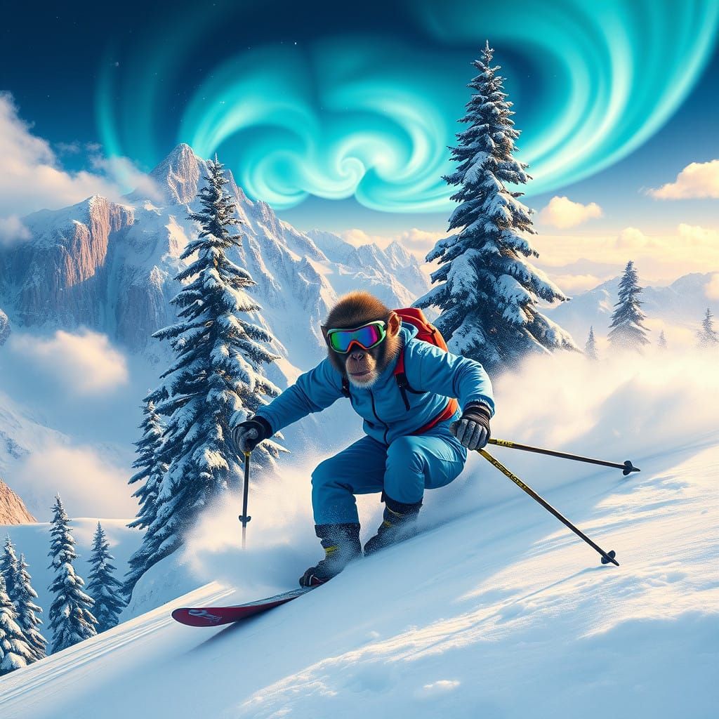 Electric Blue Monkey Skiing Down Alpine Peak