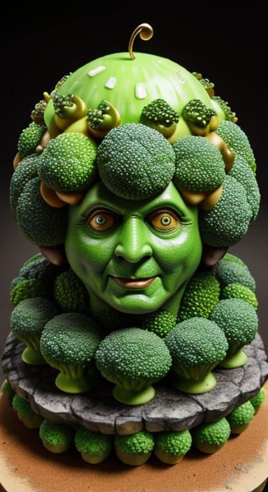 Broccoli Golem Lady Portrait in Encaustic Tribal Diorama