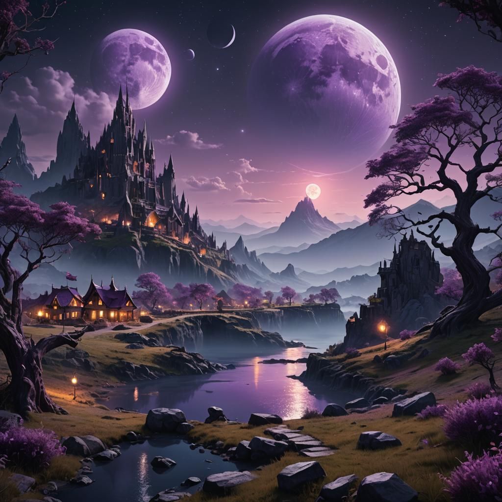 Fantasy Night Landscape with Purple Moon