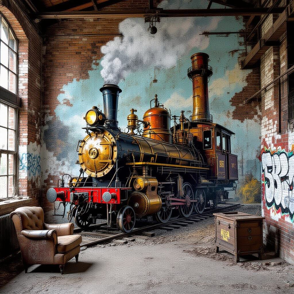 Steampunk Graffiti Art in Abandoned Industrial Building
