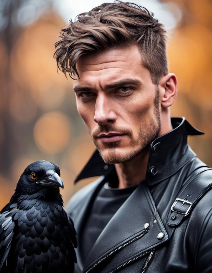 Young Man with Crow: Professional Close-Up Portrait
