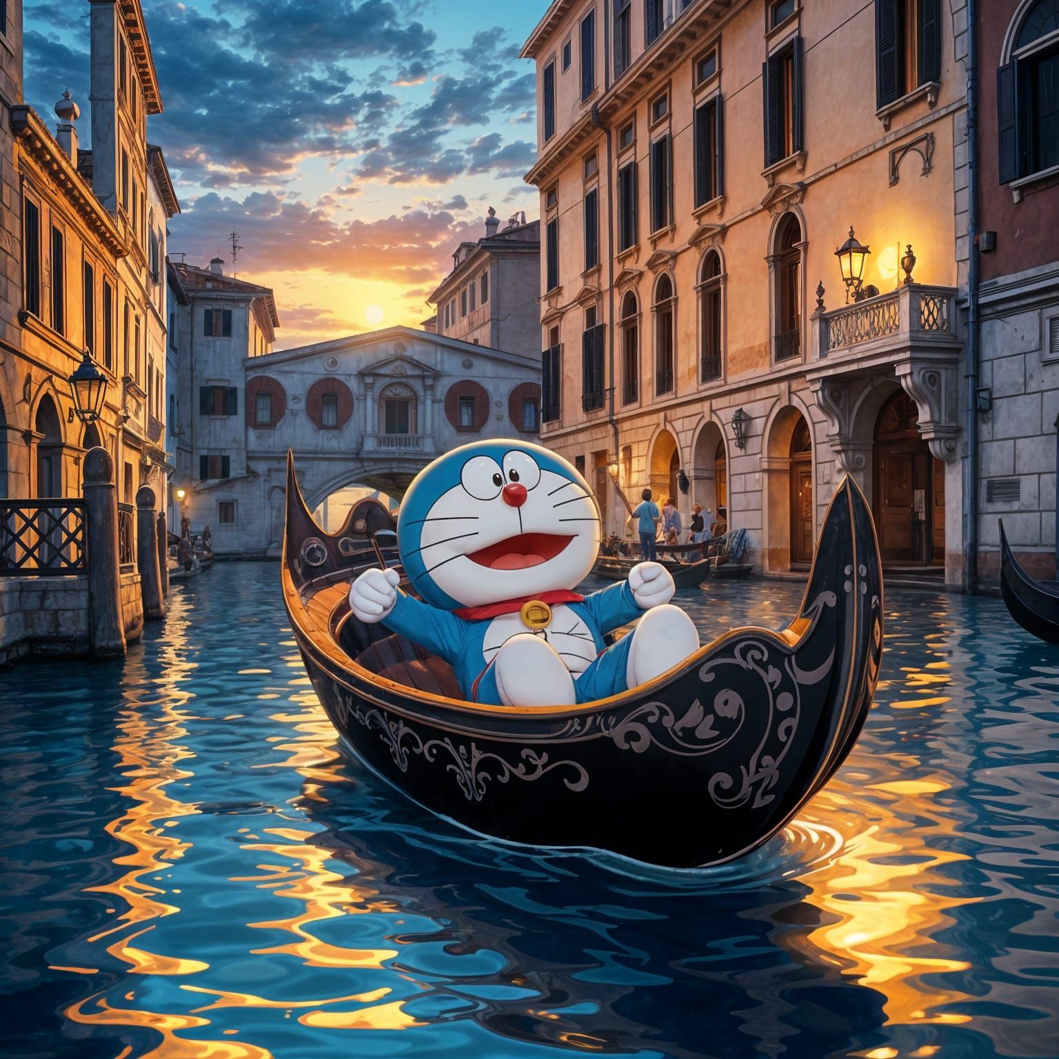 Doraemon chilling in a gondola in italy