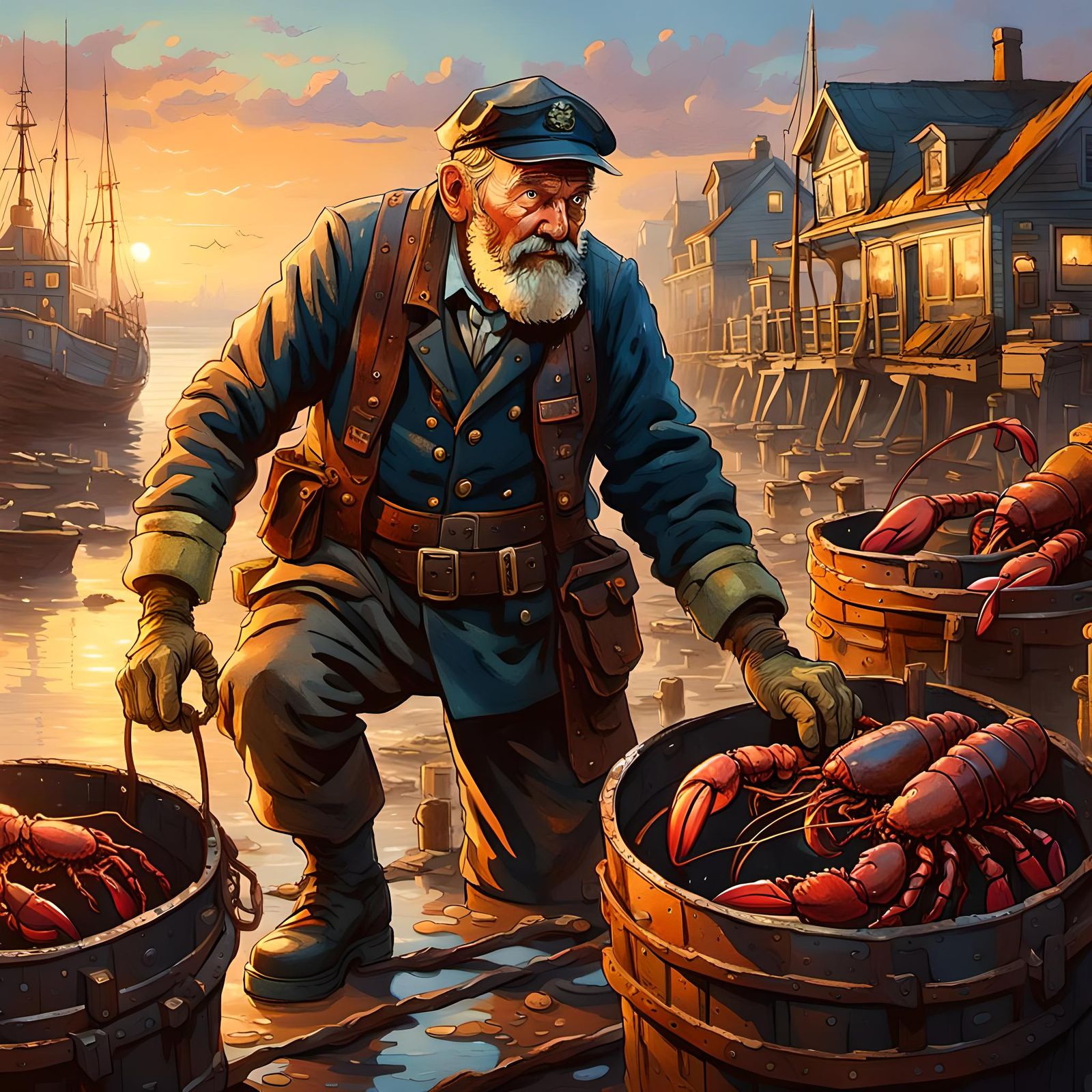 Sea Captain and Lobster Pots in Sunny Dystopia