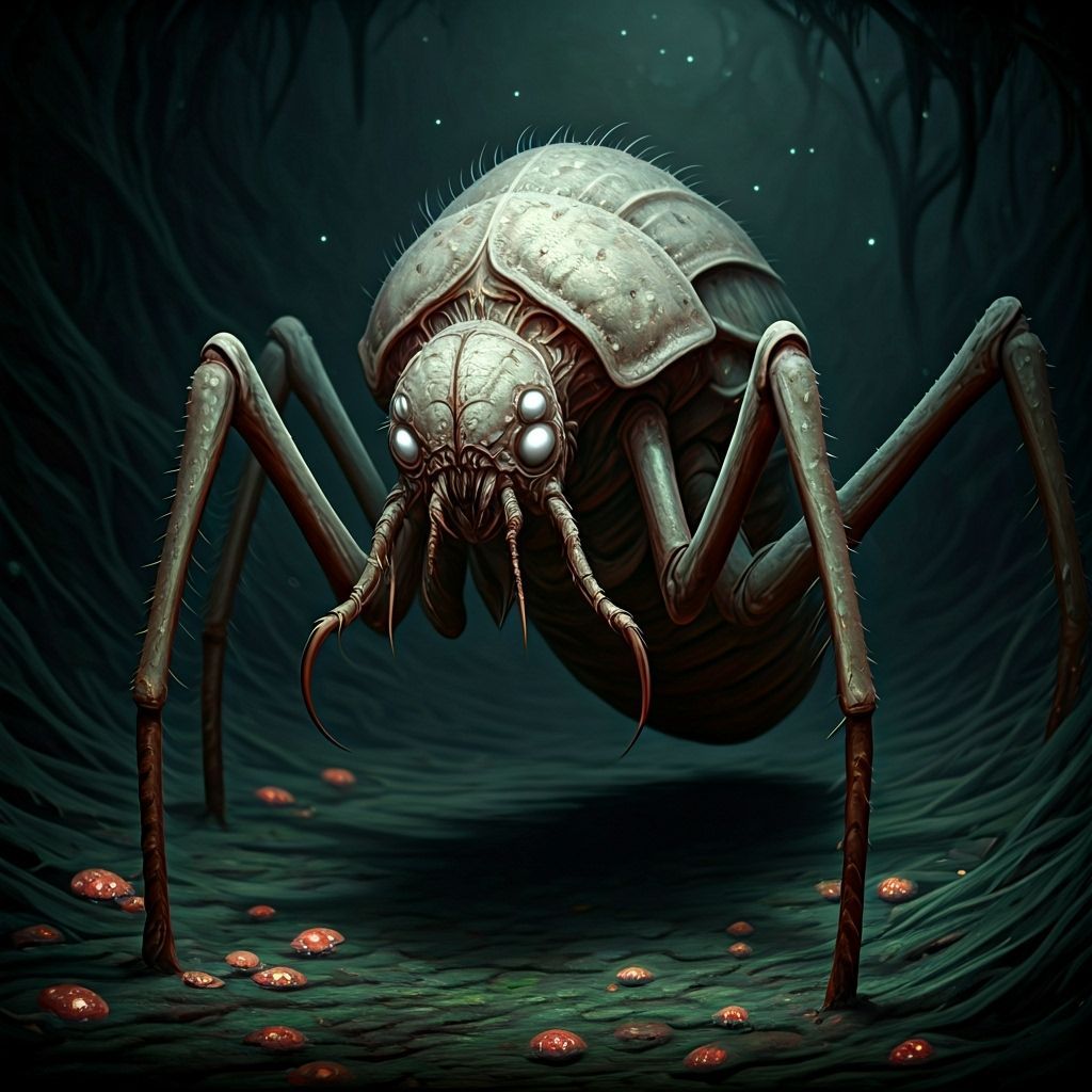 Grotesque Insect Creature with Bioluminescent Fungi
