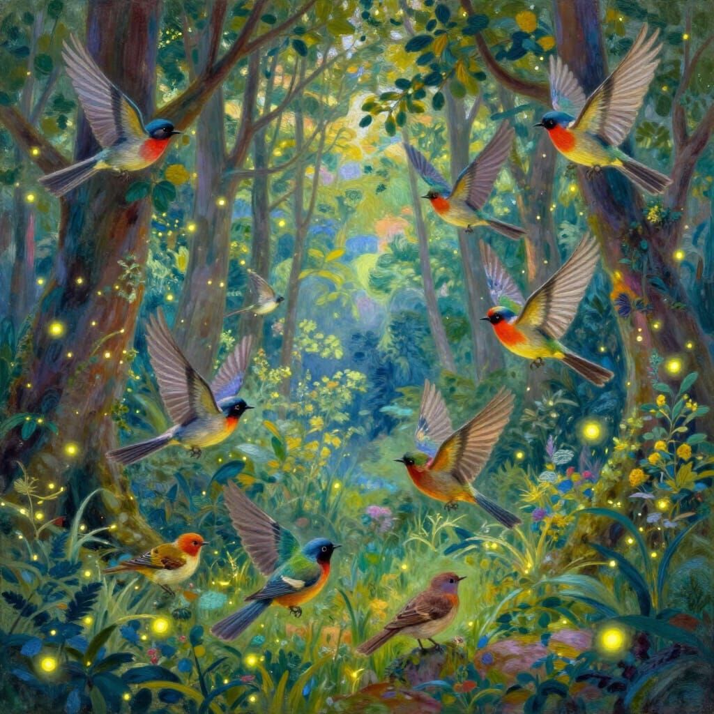 Enchanted Forest with Birds in Painterly Style