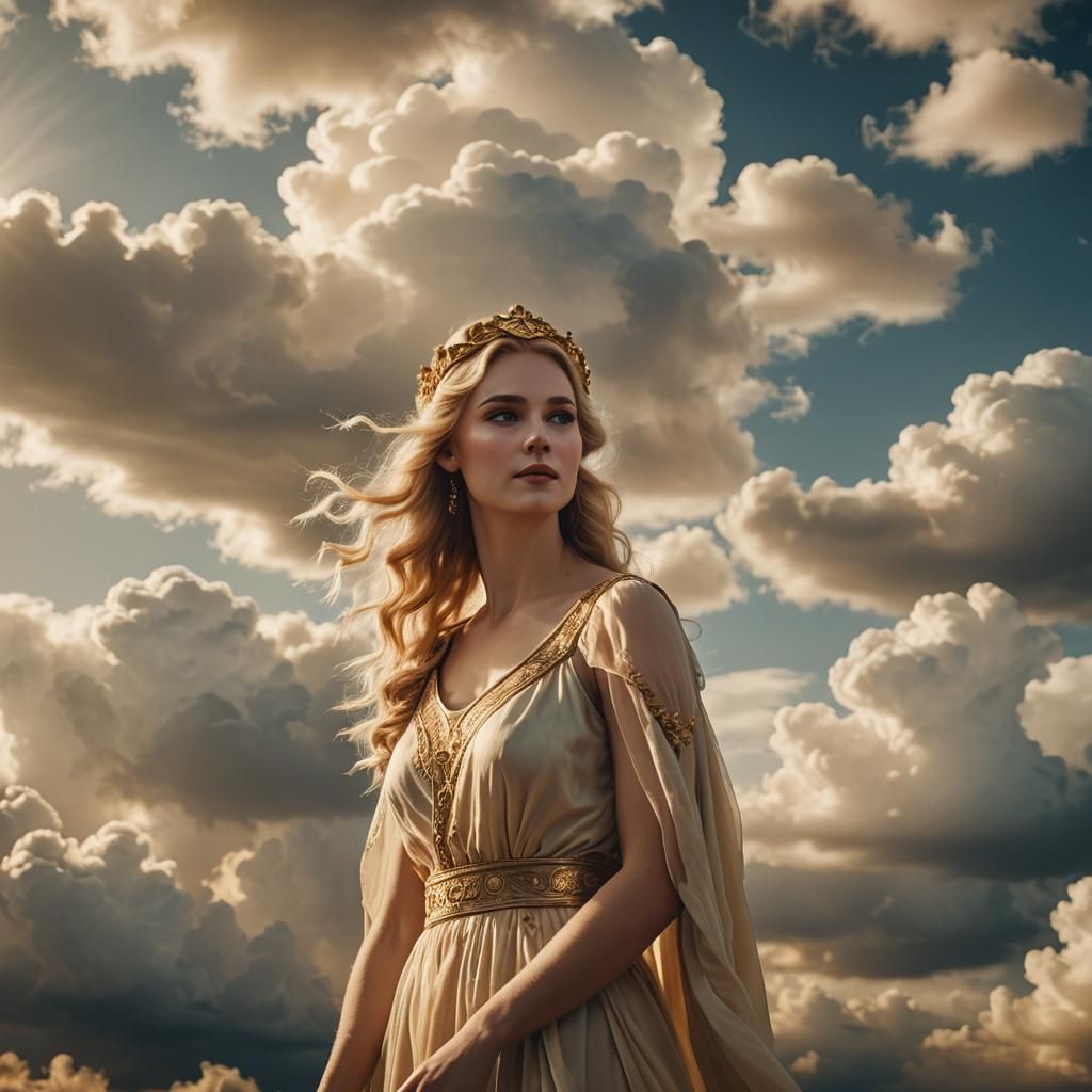 Golden Goddess on Clouds in Cinematic Style
