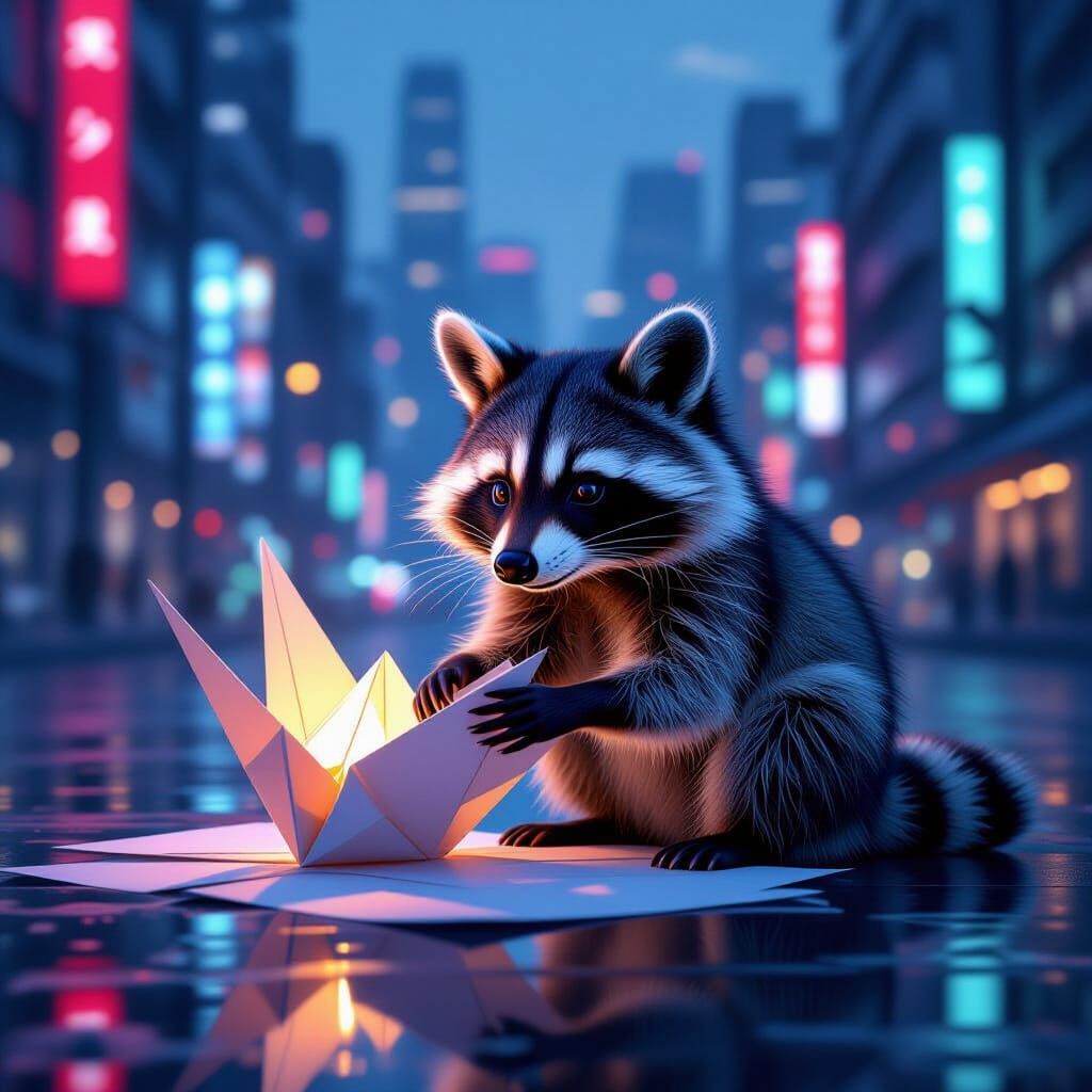 Raccoon Folds Origami Crane in Neon Cityscape