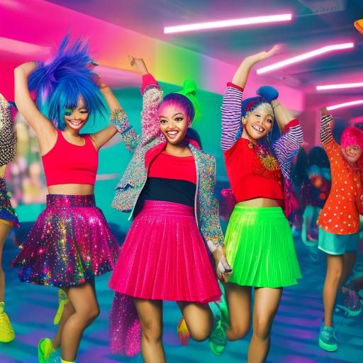 Vibrant Anime Girls Dancing in Mini Skirts at a Neon Party