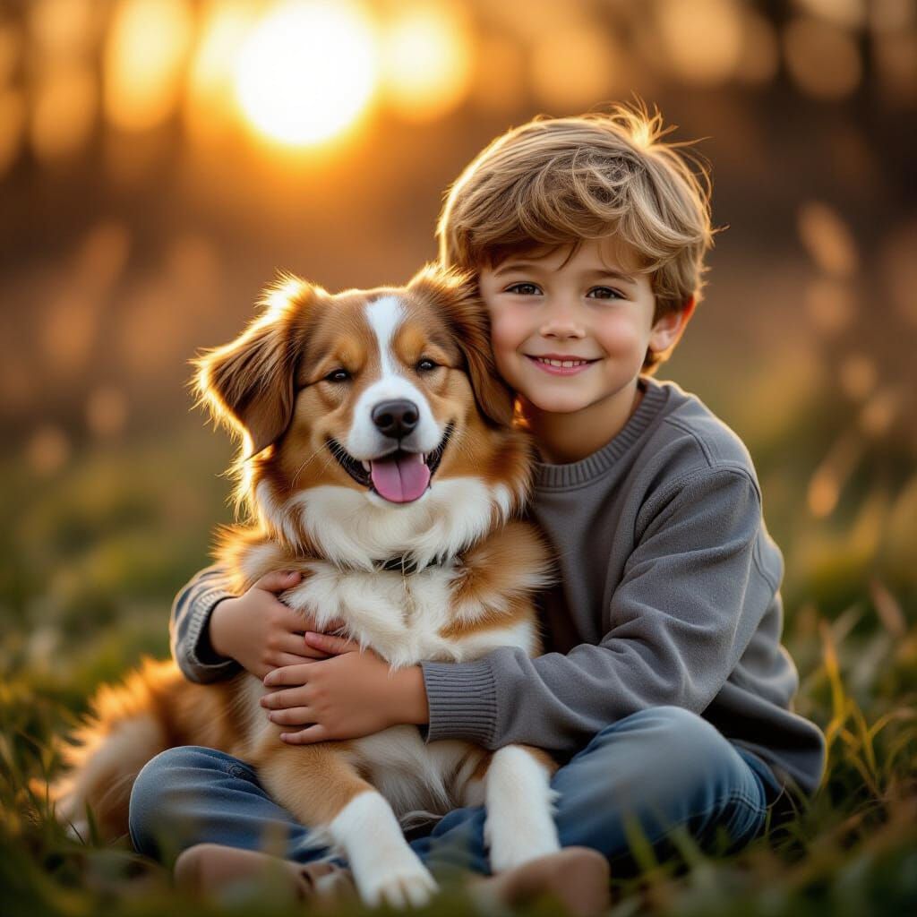Boy and Dog Embrace in Golden Hour Light