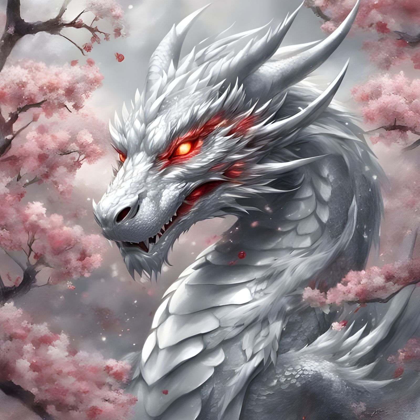Detailed Silver Snow Dragon with Cherry Blossoms