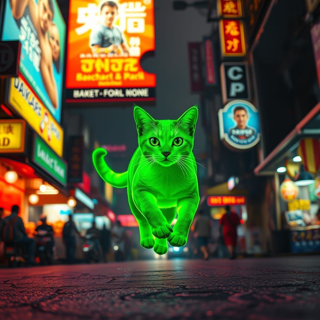 Cyberpunk Cat Emerges from Neon Billboard in Bangkok