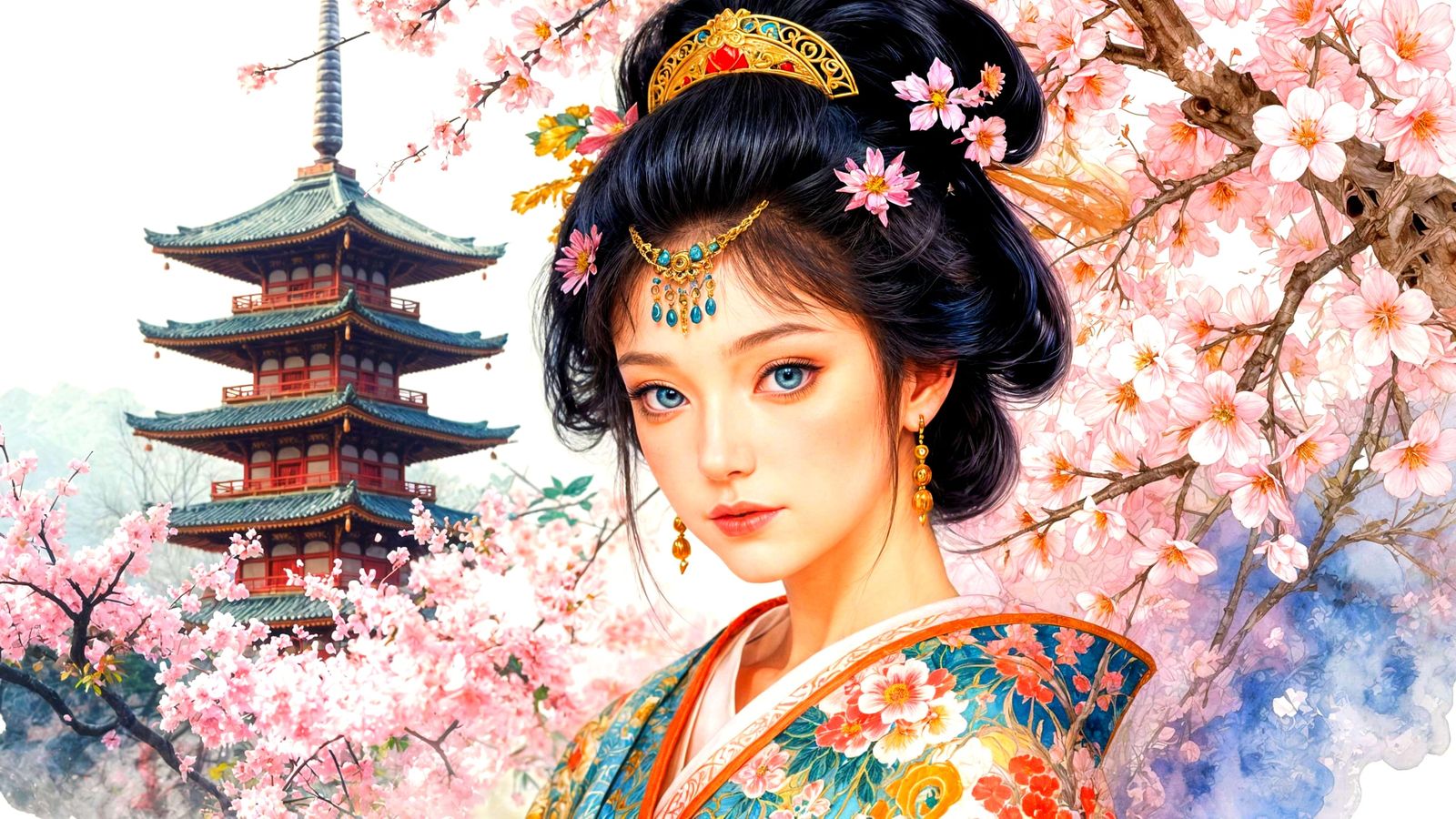 Asian Geisha Portrait with Cherry Blossoms in Watercolor Sty...
