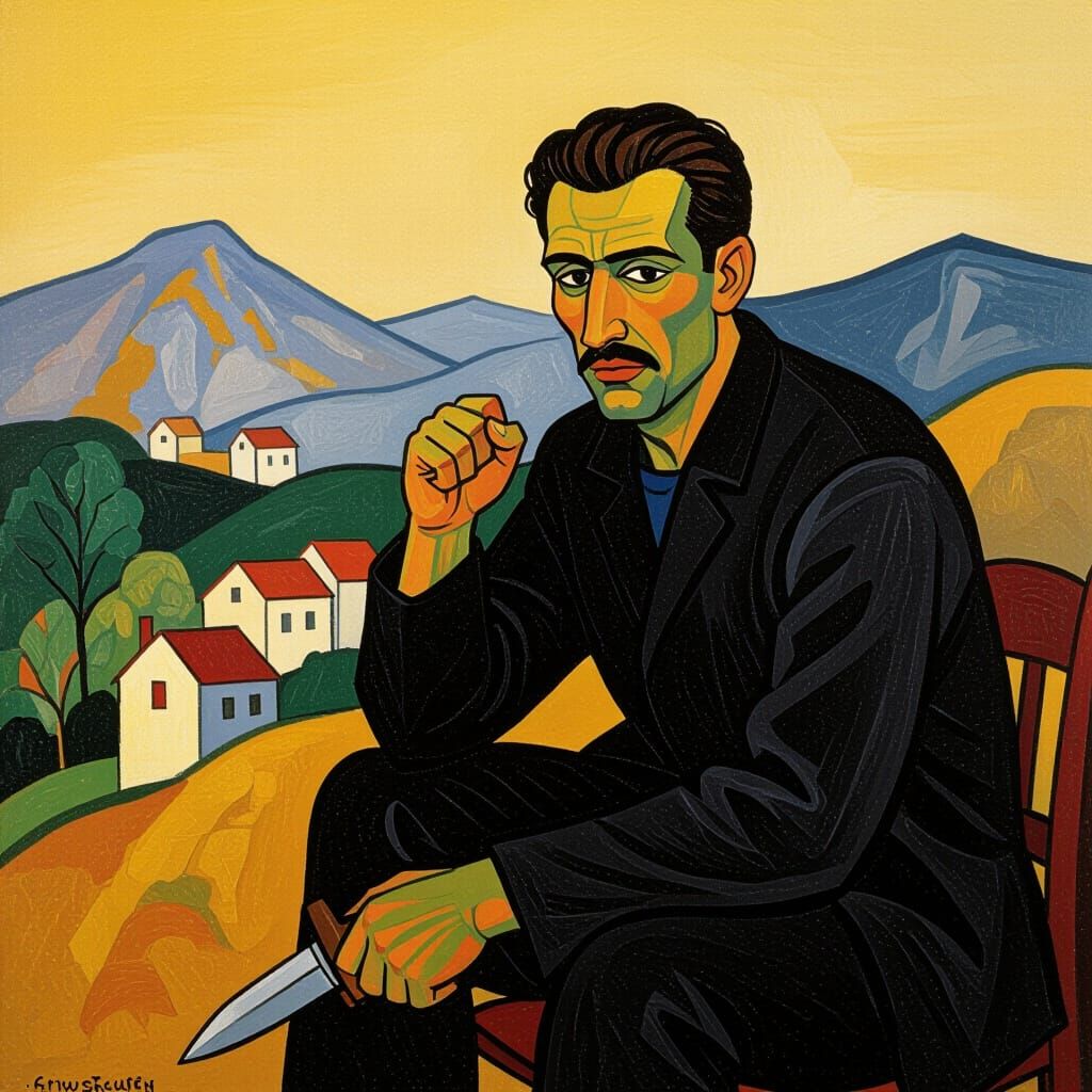 Man on Golden Mountains with Dark Knife