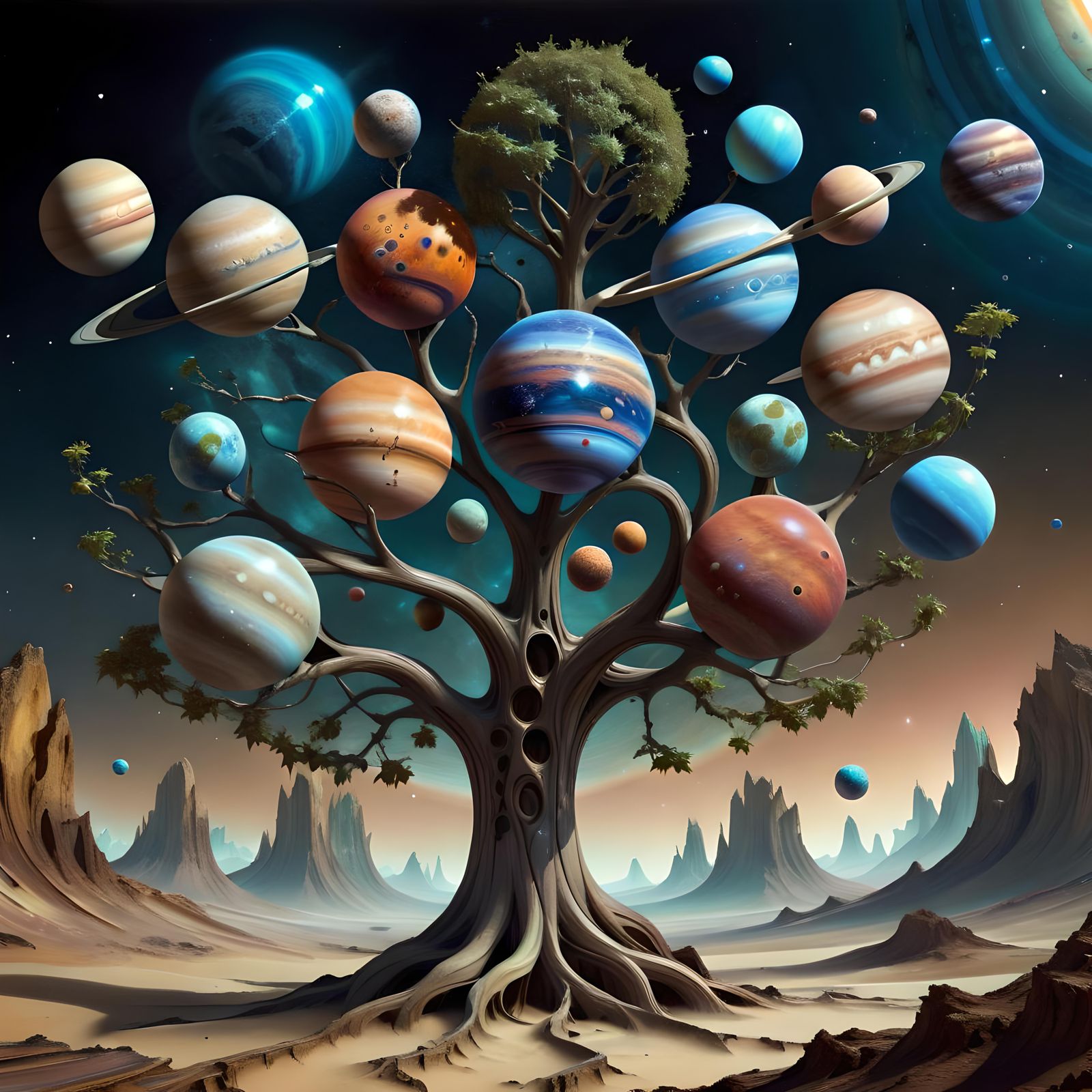 Surreal Tree of Planets in Dreamlike Style