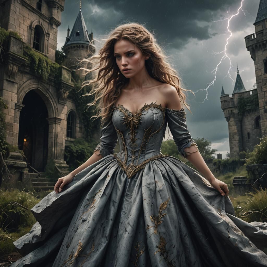 Beauty and Beast in Stormy Castle: Digital Art