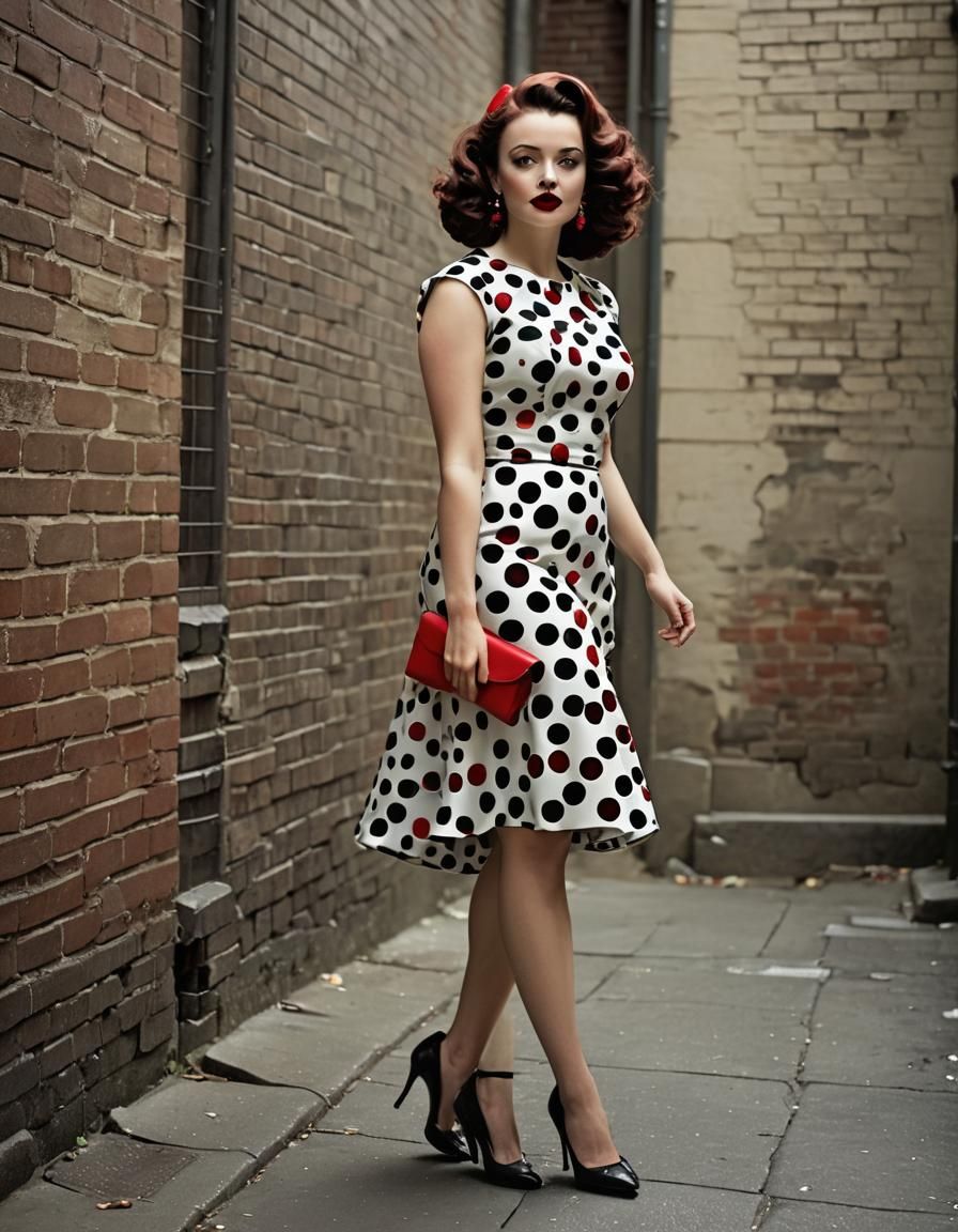 Confident Woman in Polka-Dot Dress in Retro Style