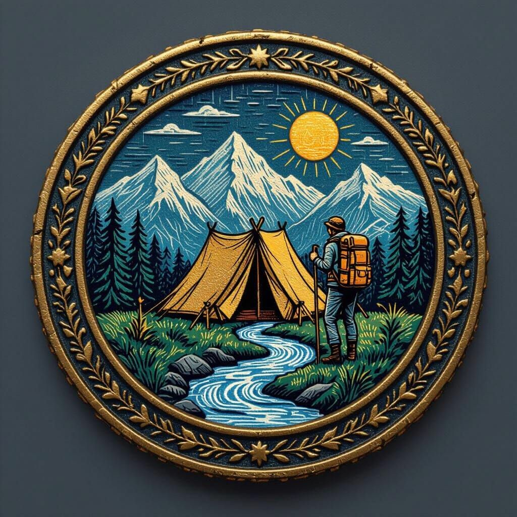 Vintage Hiker Tent Badge Logo with Mountain Sun