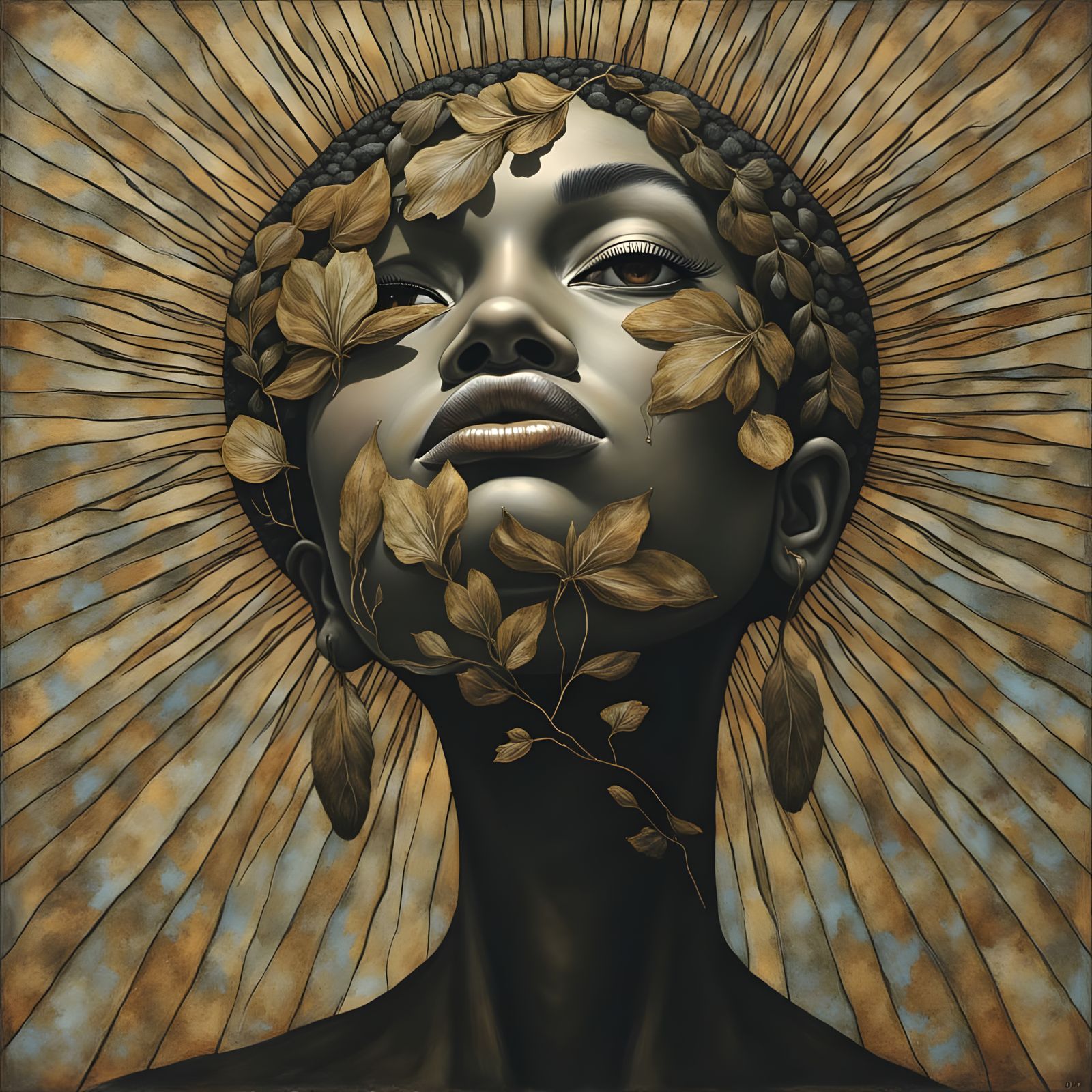 Surreal Black Woman with Radiant Halos in Muted Palette