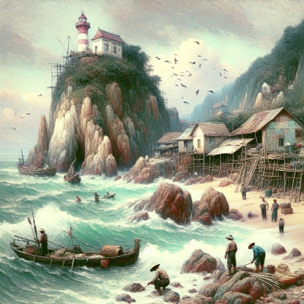 Pastel Seascape with Lighthouse and Fishing Boat