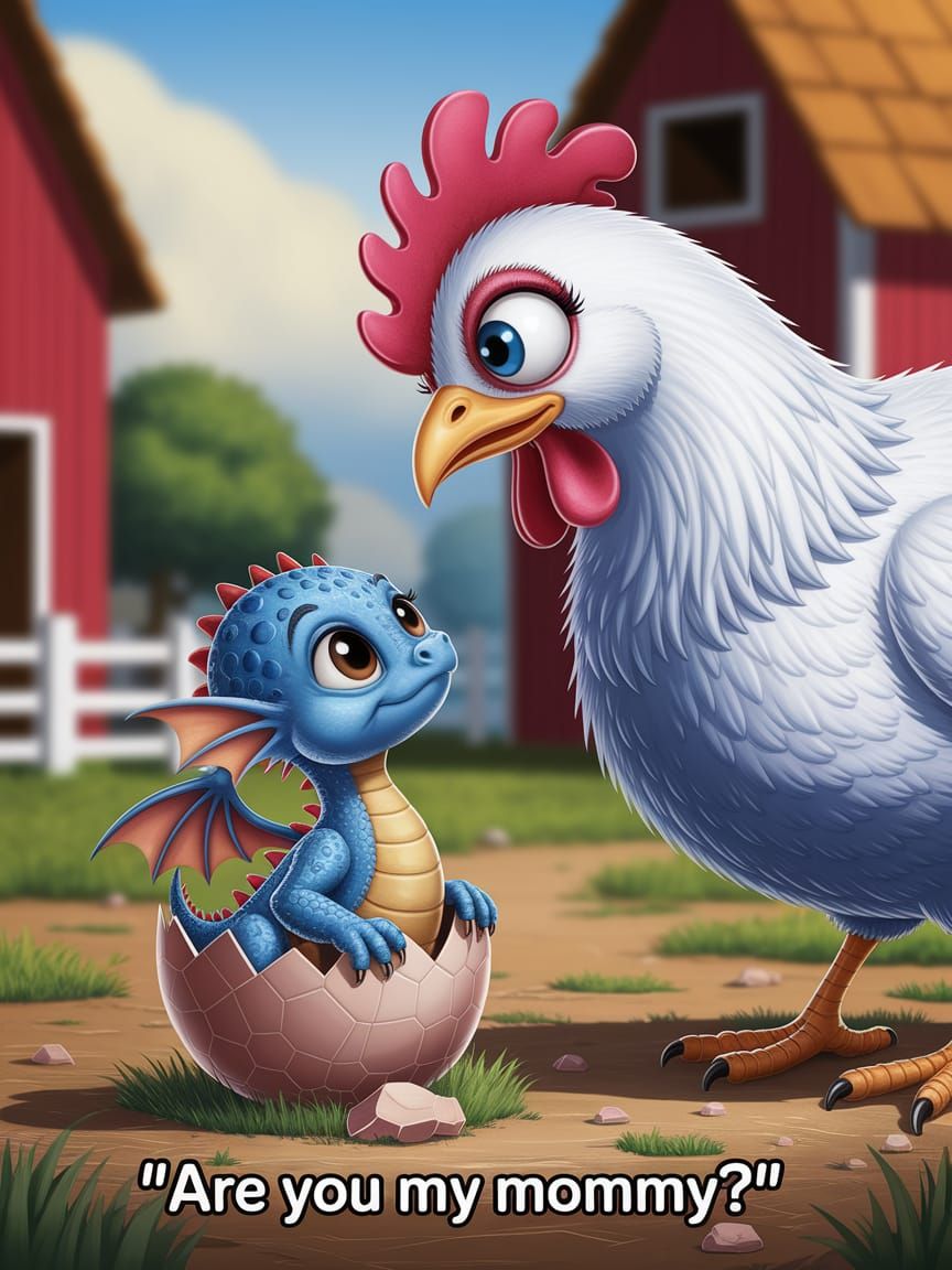 Cute Blue Dragon Hatchling Asks Hen: Are You My Mommy?