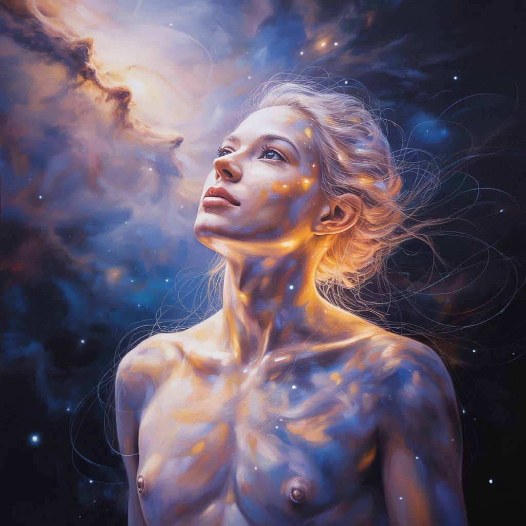 Luminous Stardust Figure Gazing at Nebula Sky in Acrylic