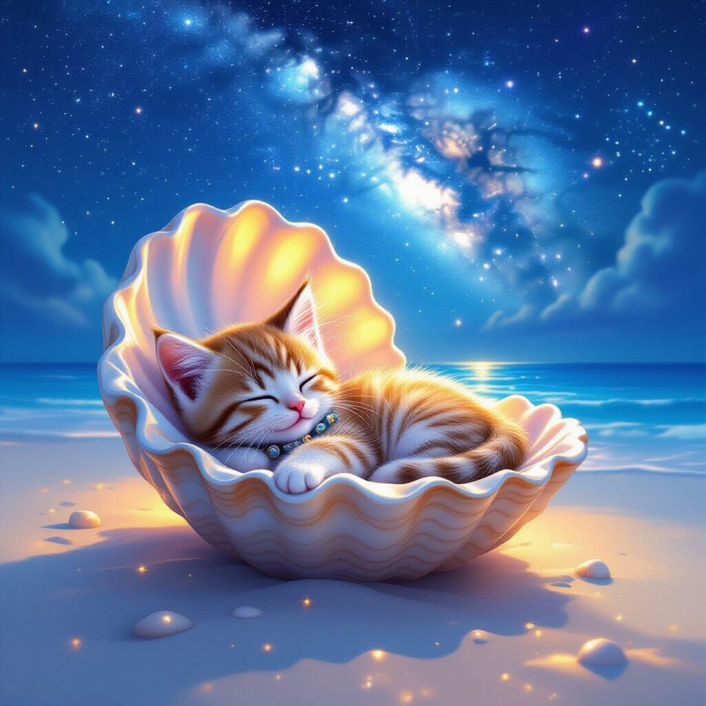 Kitten Sleeping in Seashell on Glowing Beach in Dreamy Style