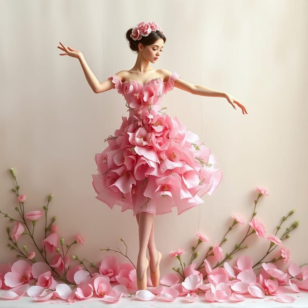 Ballet Dancer in Pink Flower Dress: Impressionistic Style